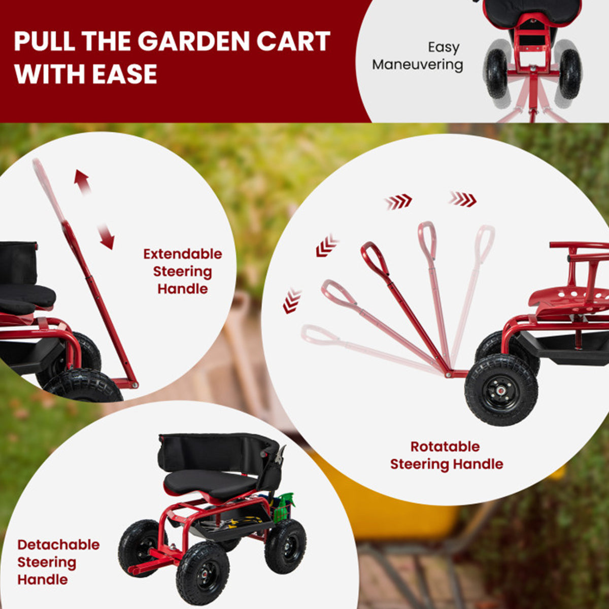 Cushioned Rolling Garden Cart with Swivel Seat