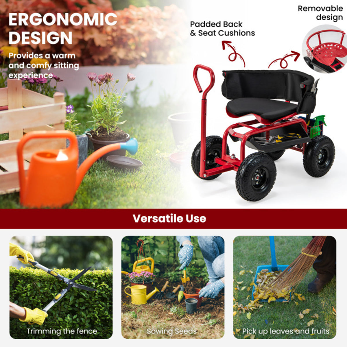 Cushioned Rolling Garden Cart with Swivel Seat