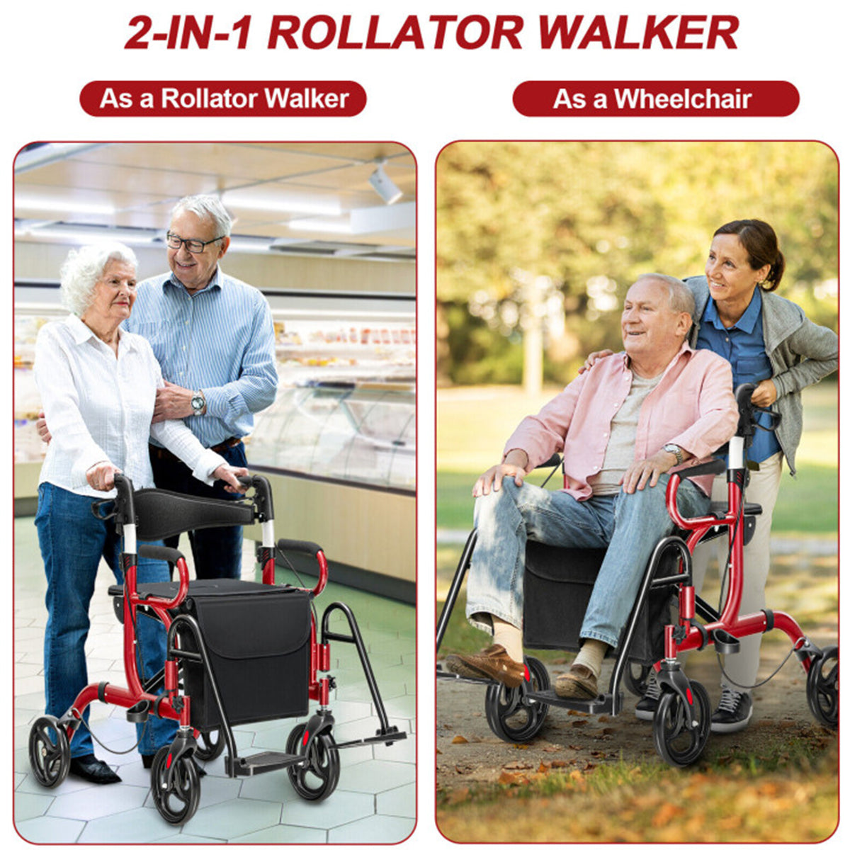 2-in-1 Folding Rollator Walker Transport Wheelchair