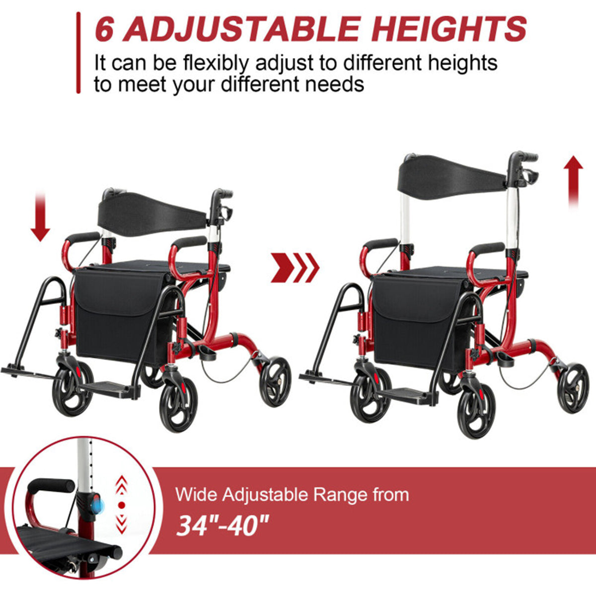 2-in-1 Folding Rollator Walker Transport Wheelchair