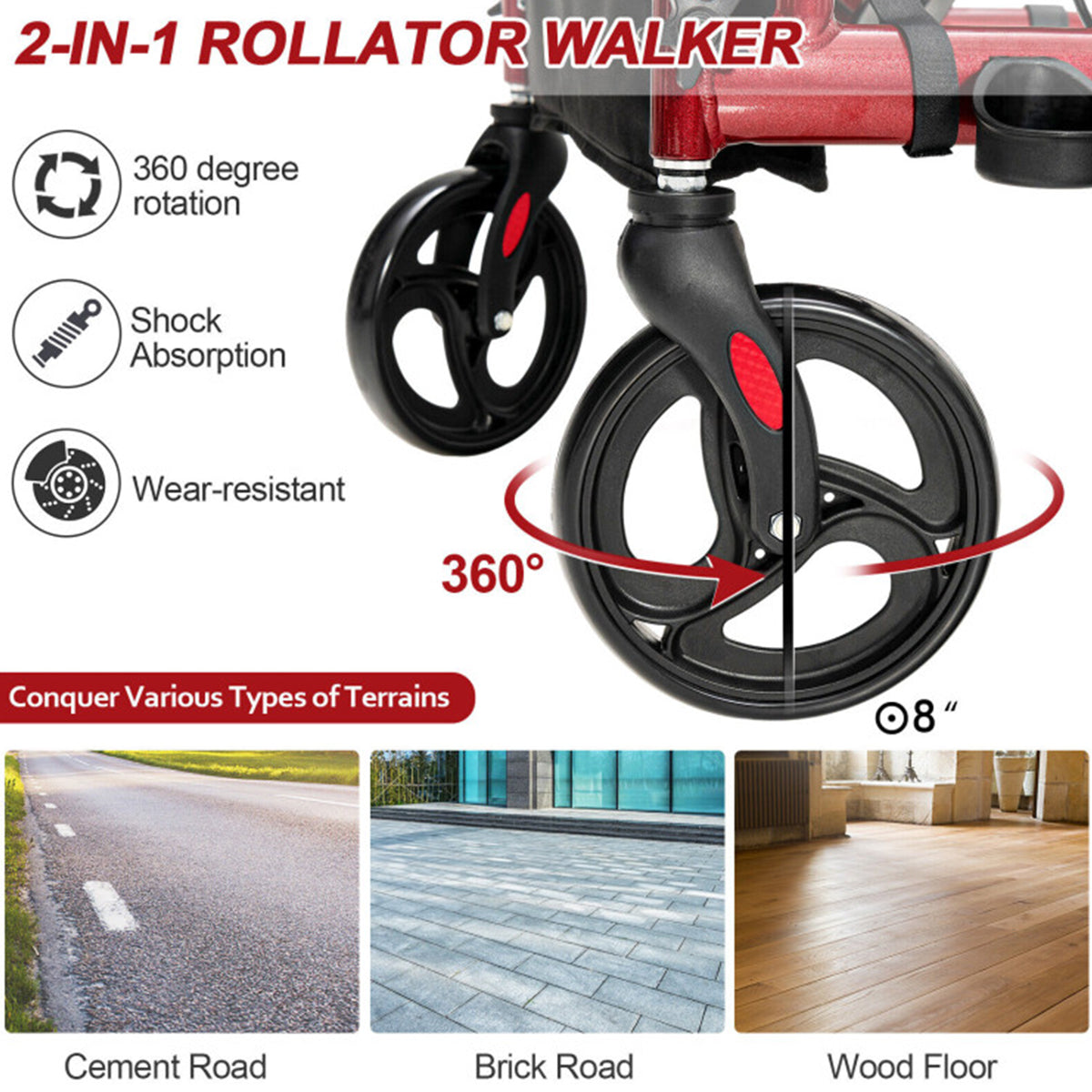 2-in-1 Folding Rollator Walker Transport Wheelchair