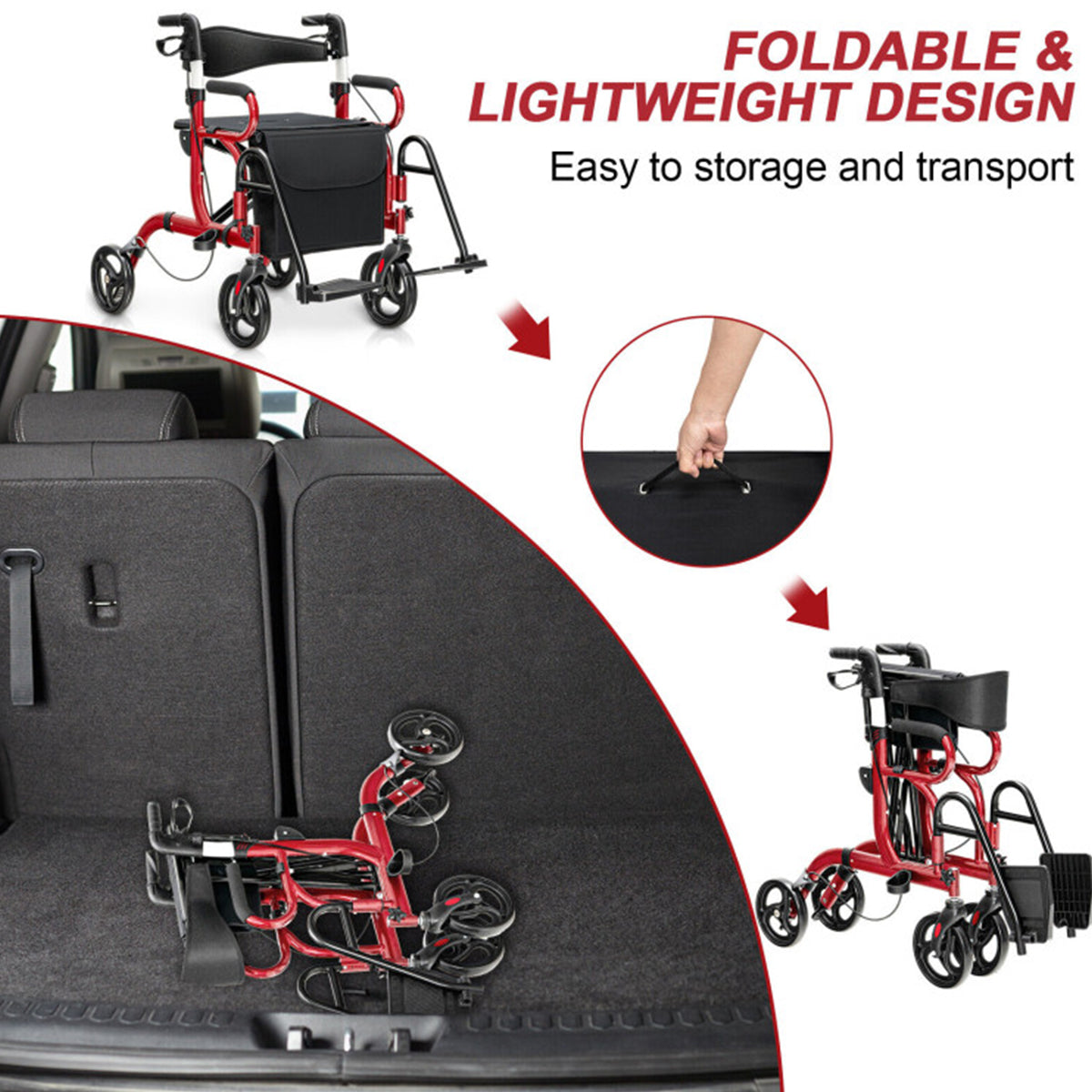 2-in-1 Folding Rollator Walker Transport Wheelchair