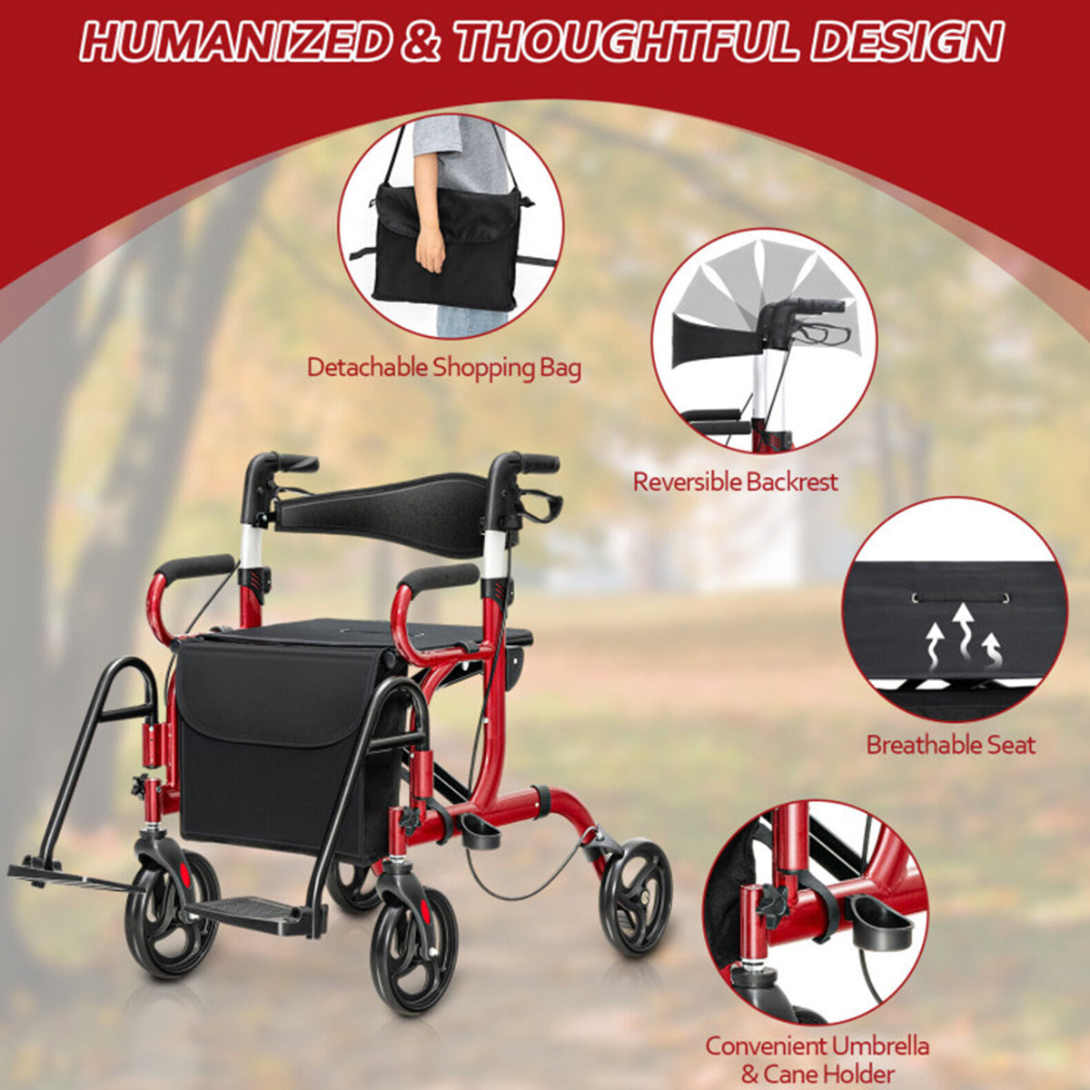 2-in-1 Folding Rollator Walker Transport Wheelchair
