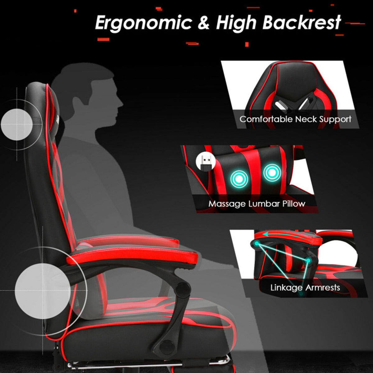 Racing Style Gaming Chair with Massaging Lumbar Support