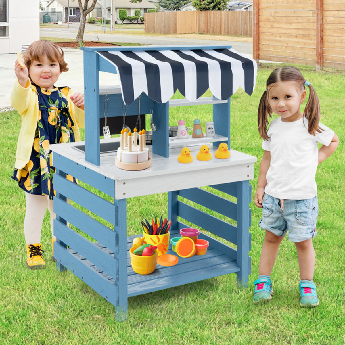 Double-Sided Wooden Play Kitchen and Grocery Stand