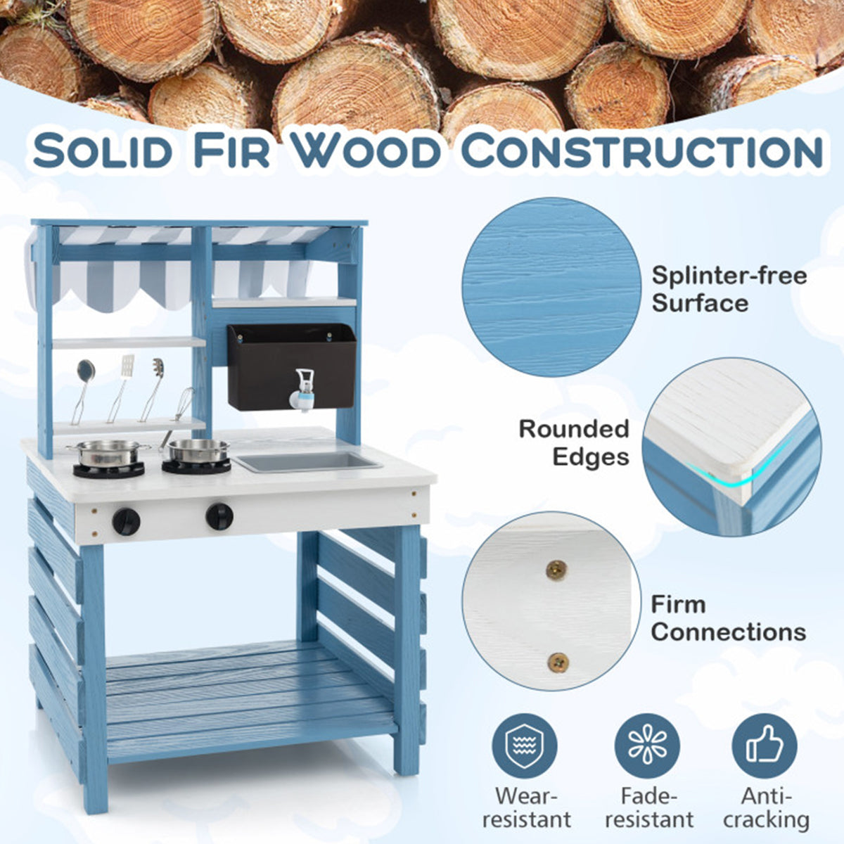 Double-Sided Wooden Play Kitchen and Grocery Stand