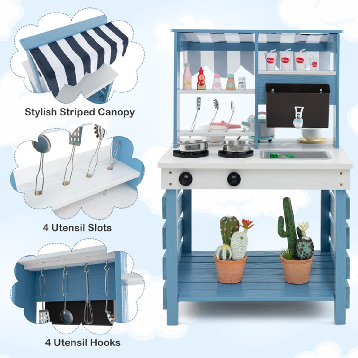 Double-Sided Wooden Play Kitchen and Grocery Stand