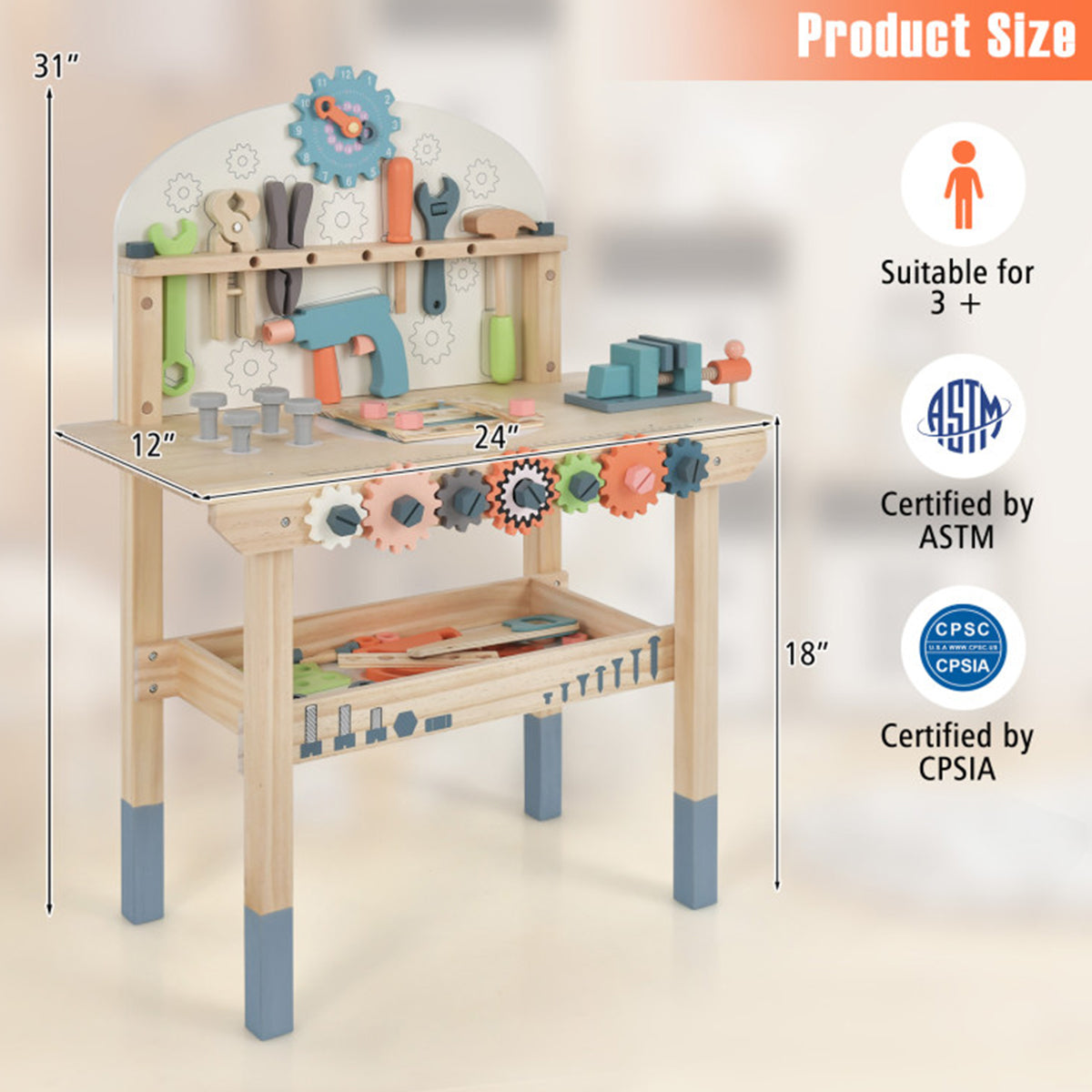 Wooden Pretend Play Workbench with Tools