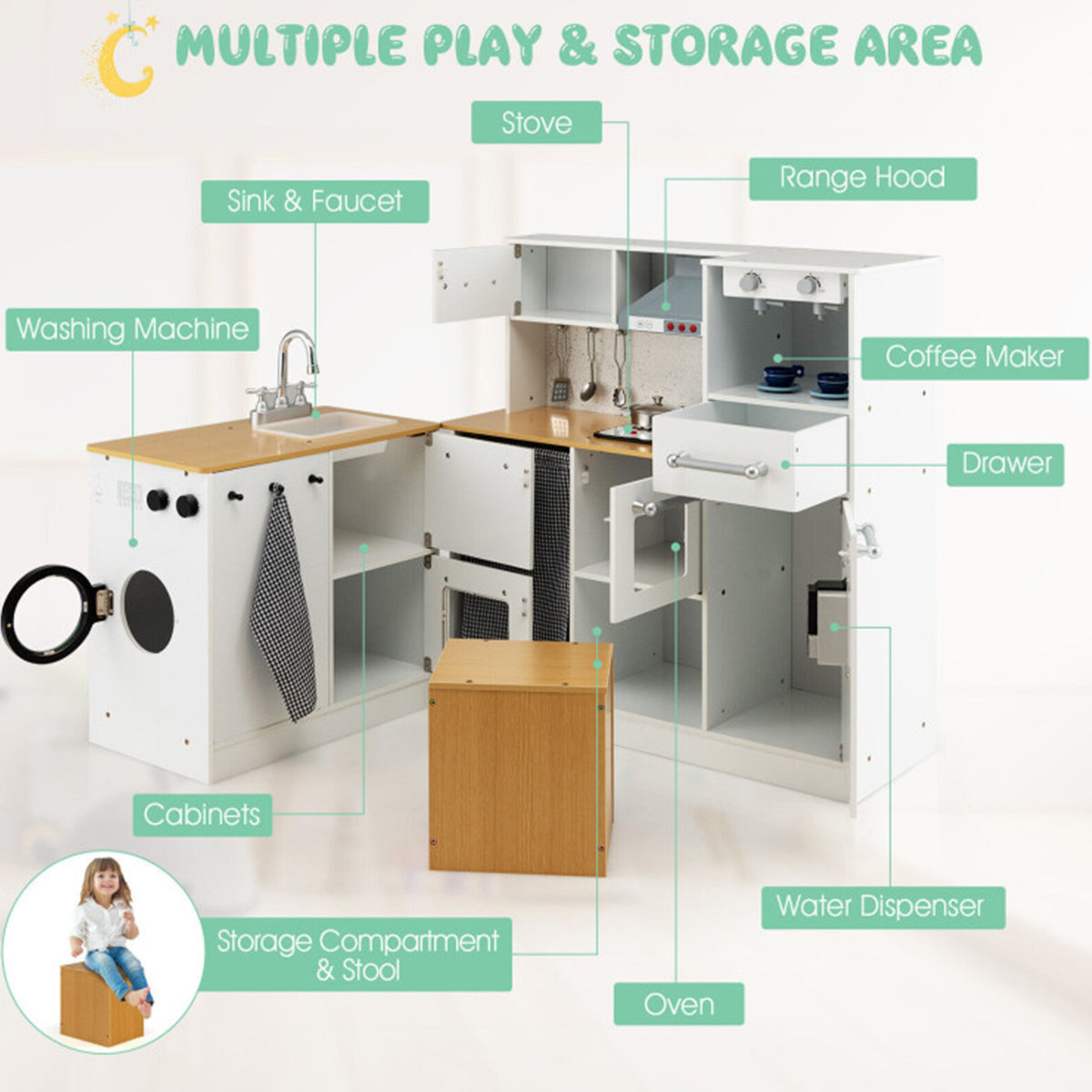 Kids 2-Piece Wooden Pretend Play Kitchen with Sound