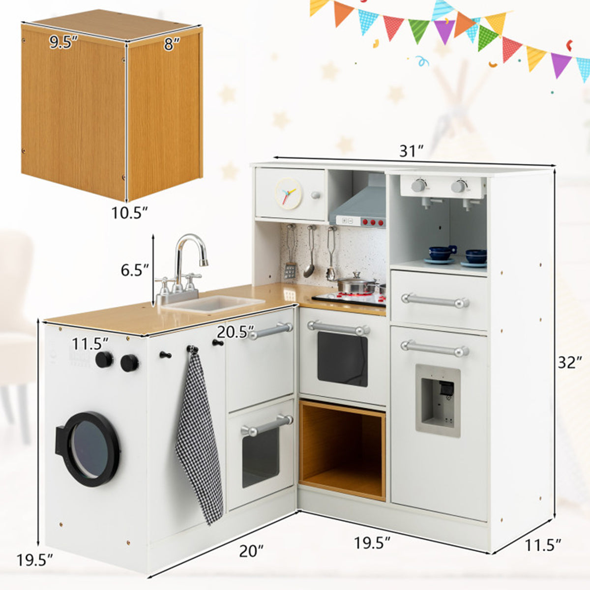 Kids 2-Piece Wooden Pretend Play Kitchen with Sound