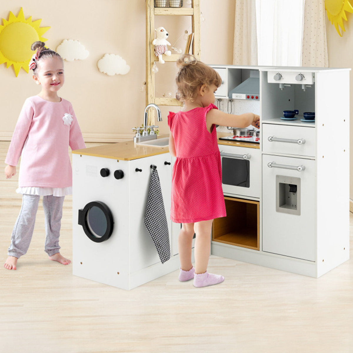 Kids 2-Piece Wooden Pretend Play Kitchen with Sound