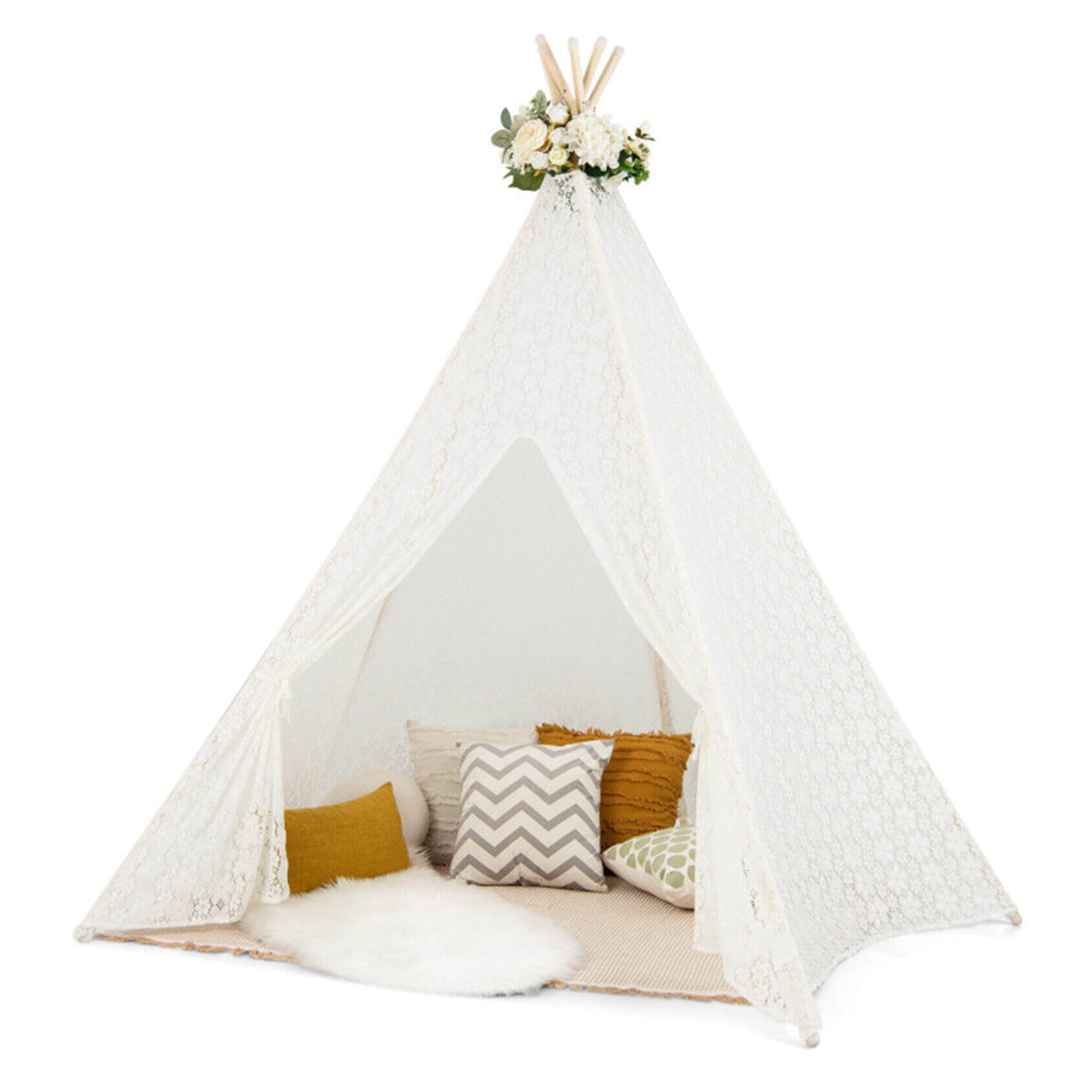 Kids Lace Teepee Play Tent with Colorful String Lights
