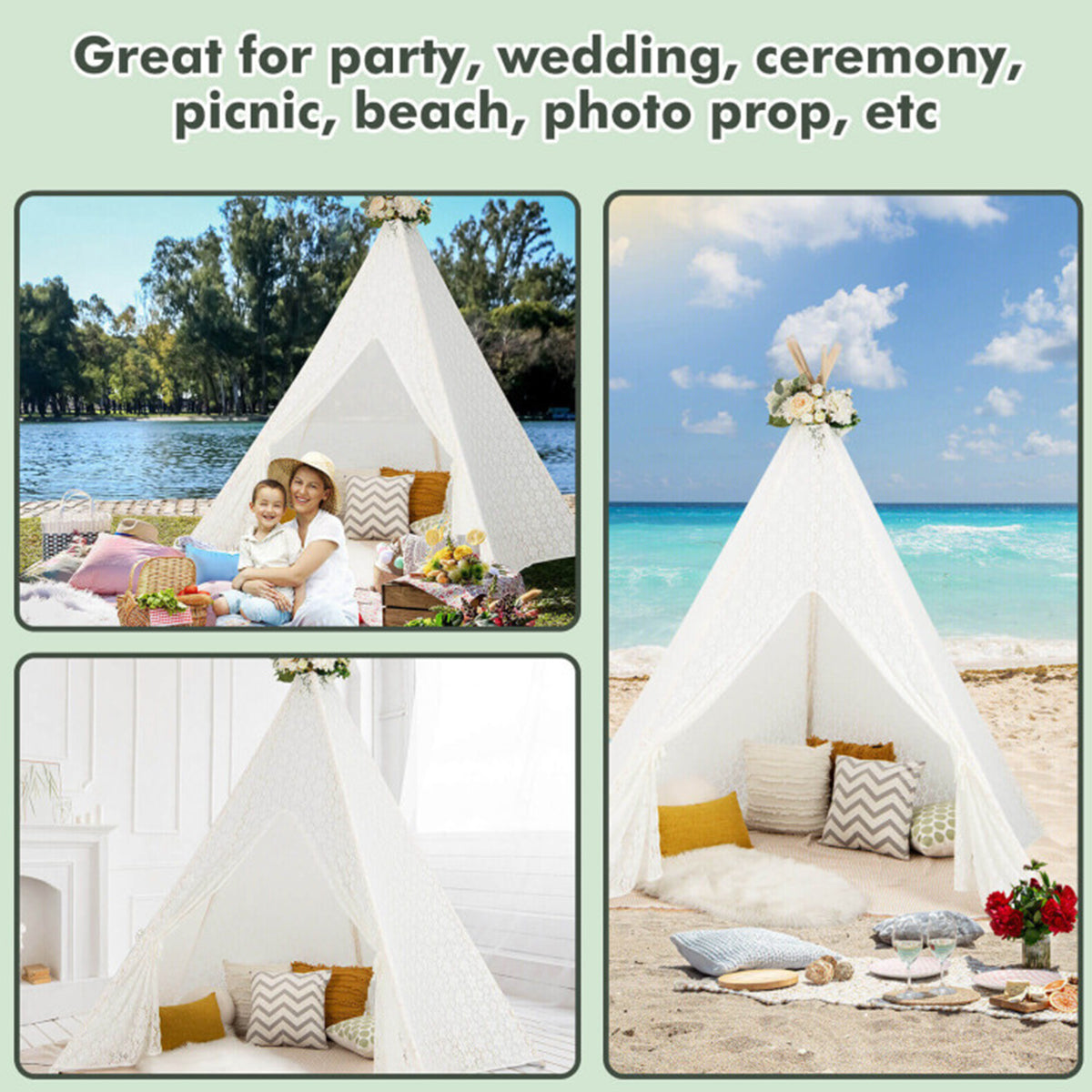 Kids Lace Teepee Play Tent with Colorful String Lights