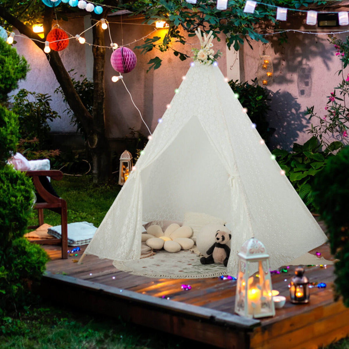 Kids Lace Teepee Play Tent with Colorful String Lights