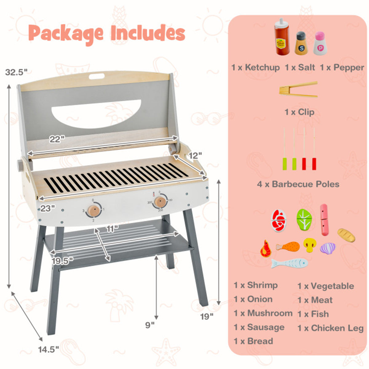 Kids Wooden Barbecue Grill Playset