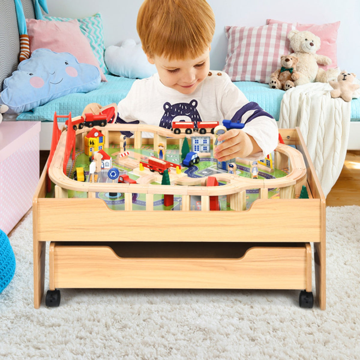 Kids Wooden 100-Piece Railway Set Table