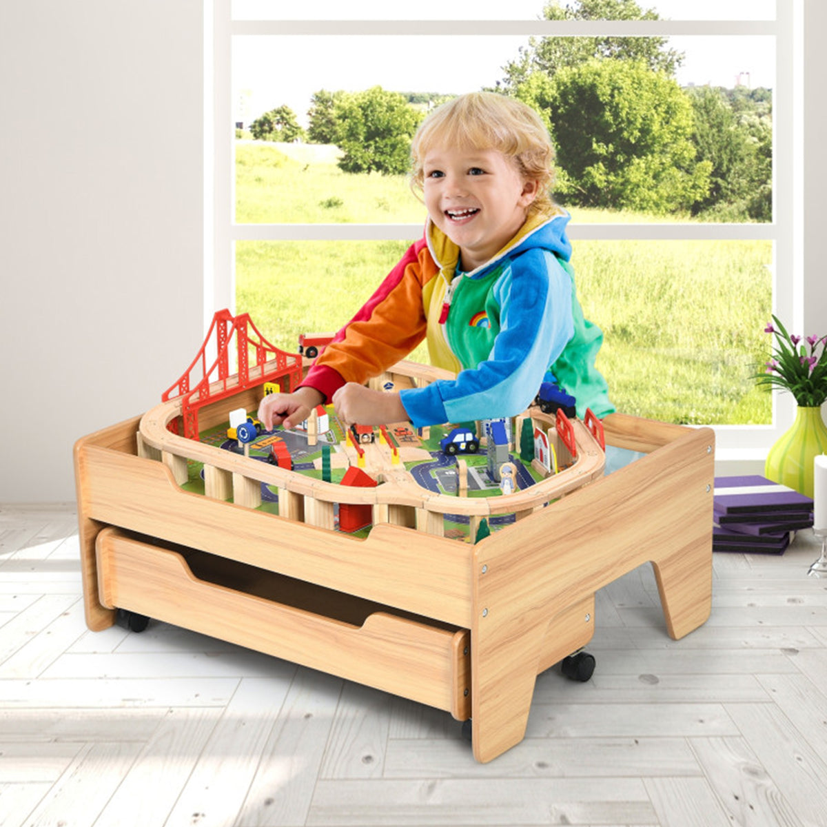 Kids Wooden 100-Piece Railway Set Table