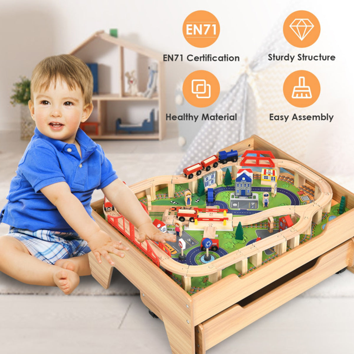 Kids Wooden 100-Piece Railway Set Table