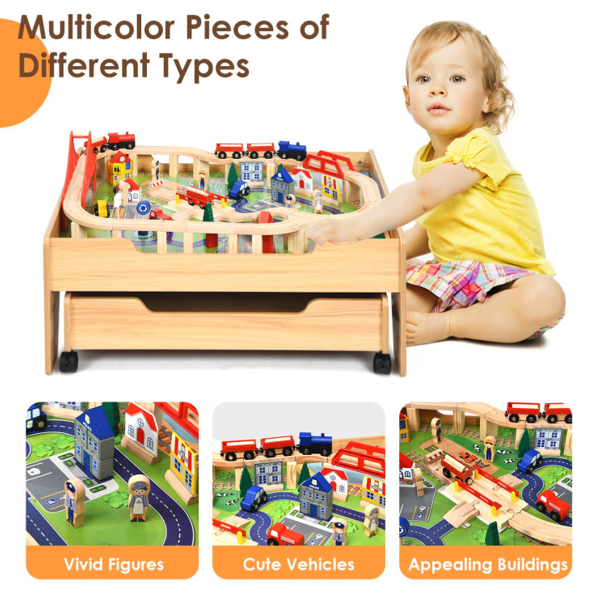 Kids Wooden 100-Piece Railway Set Table