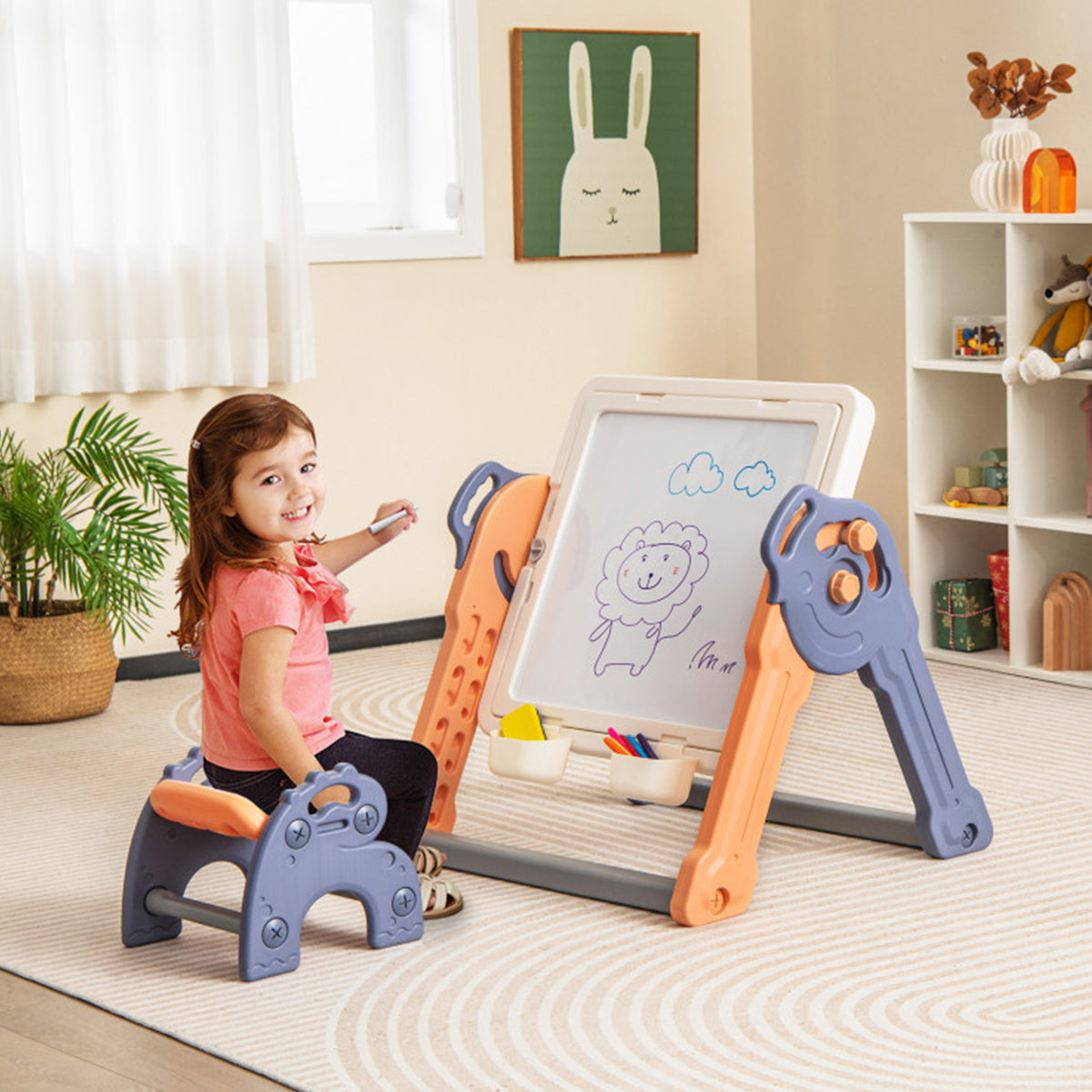 6-in-1 Folding Kids Art Easel with Building Block Tabletop