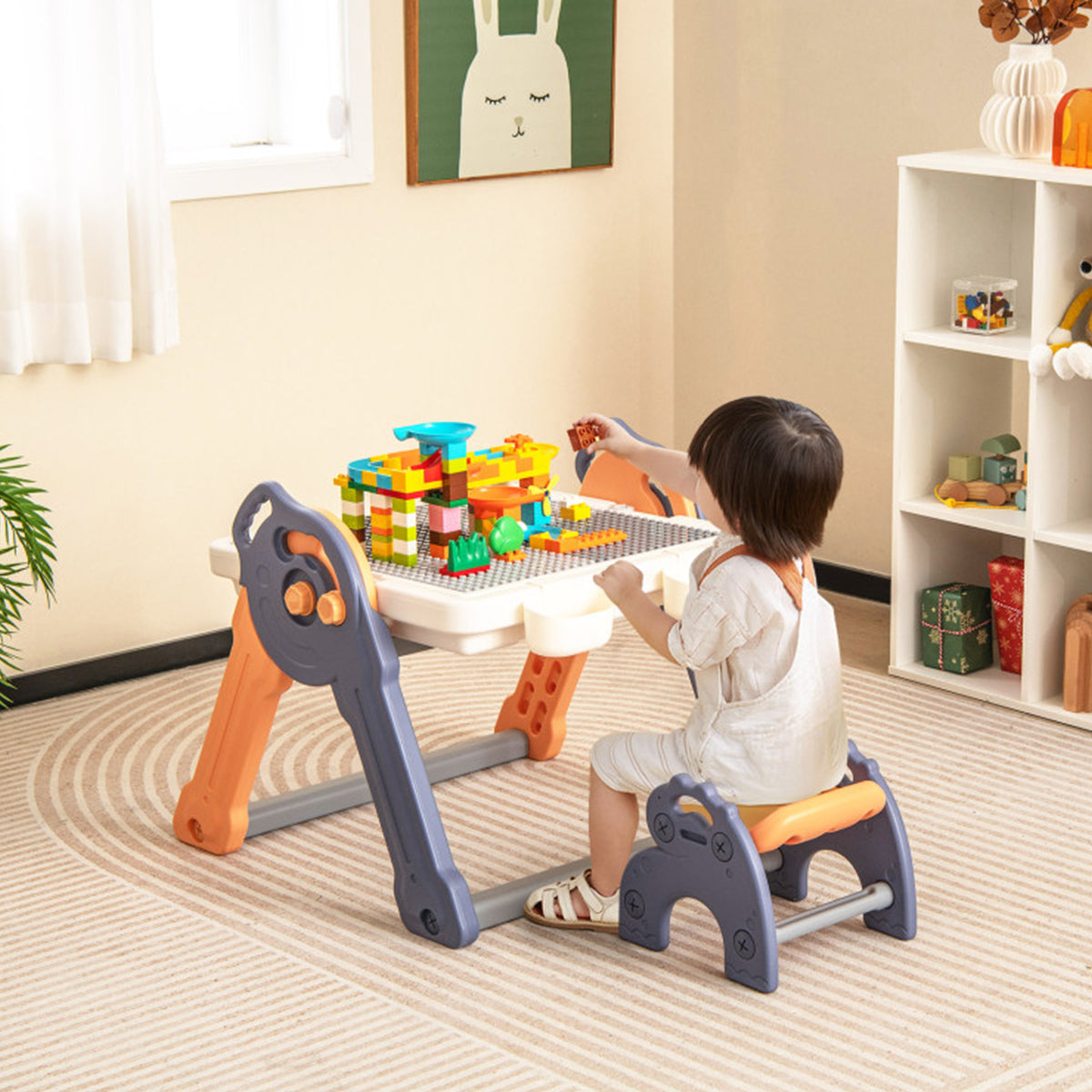 6-in-1 Folding Kids Art Easel with Building Block Tabletop