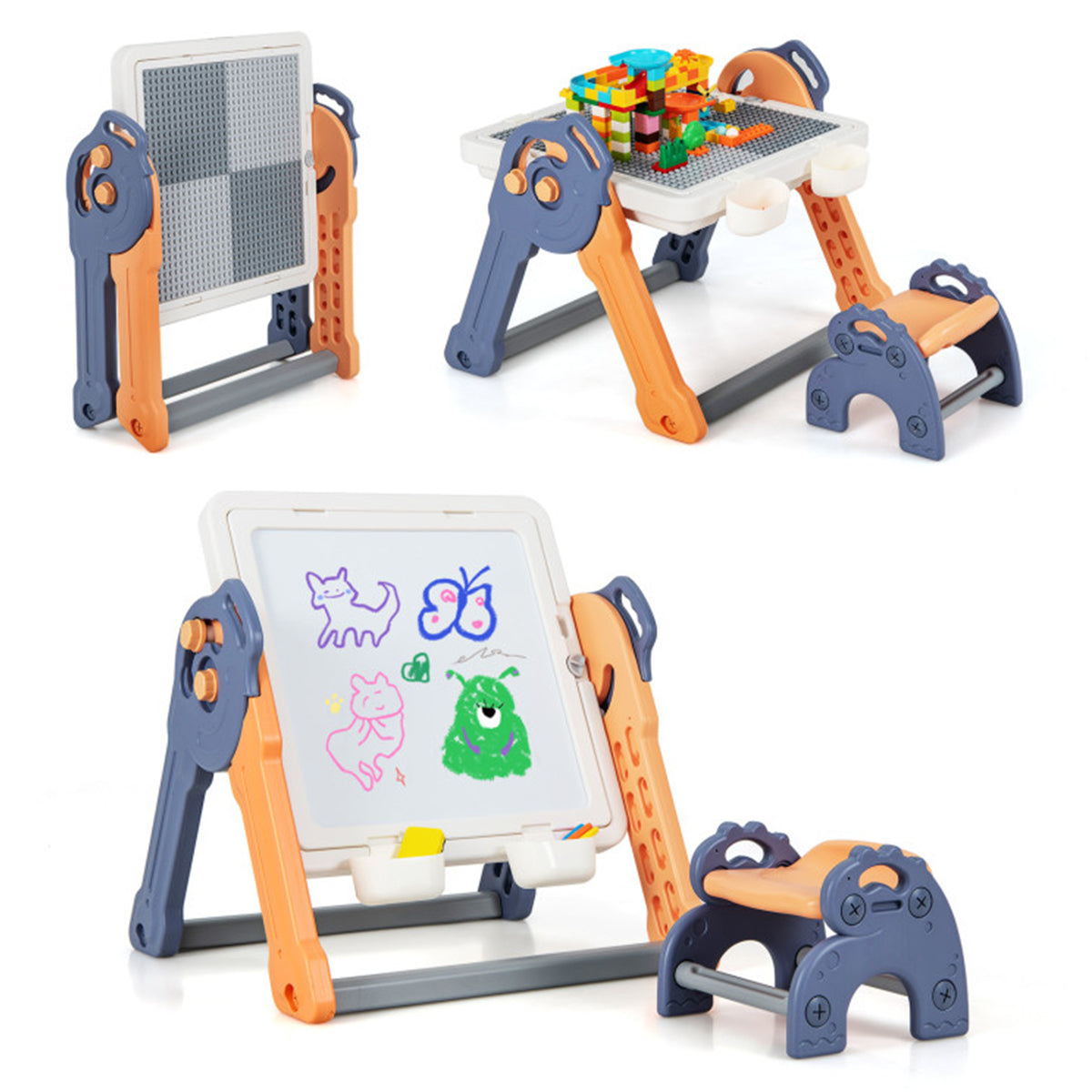 6-in-1 Folding Kids Art Easel with Building Block Tabletop