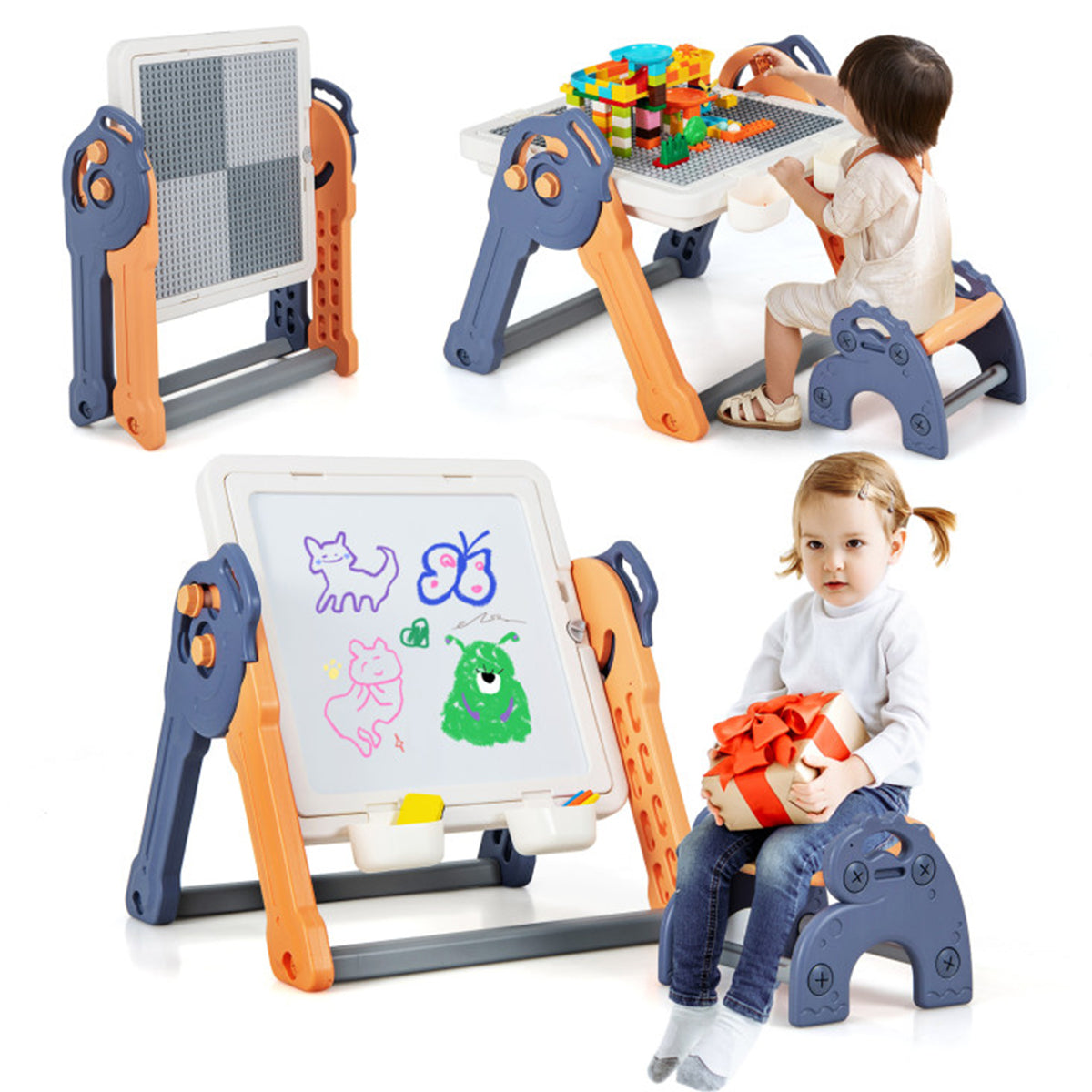 6-in-1 Folding Kids Art Easel with Building Block Tabletop