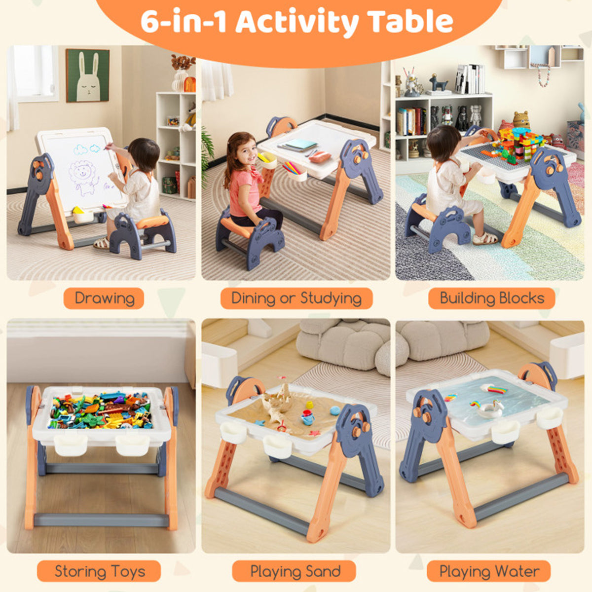 6-in-1 Folding Kids Art Easel with Building Block Tabletop