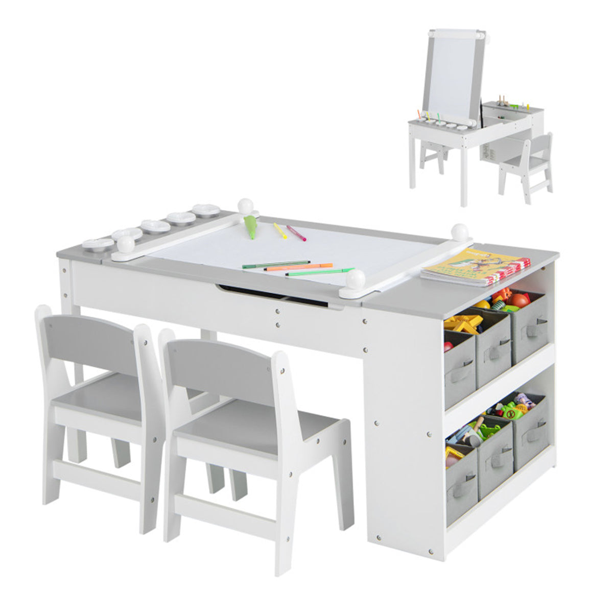 2-in-1 Kids Art Table and Easel Set with Chairs