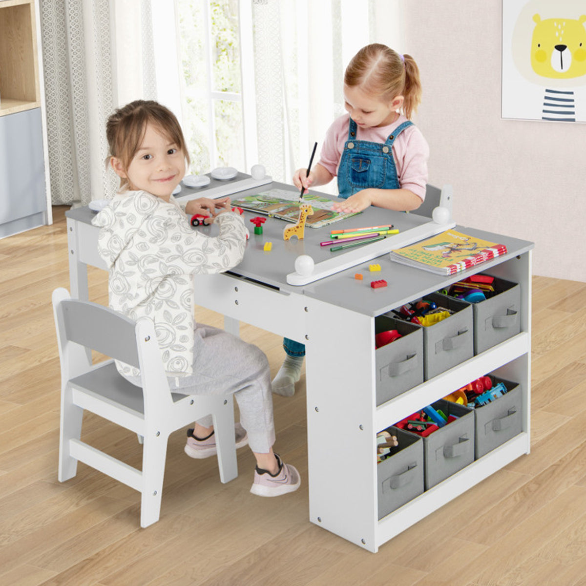 2-in-1 Kids Art Table and Easel Set with Chairs