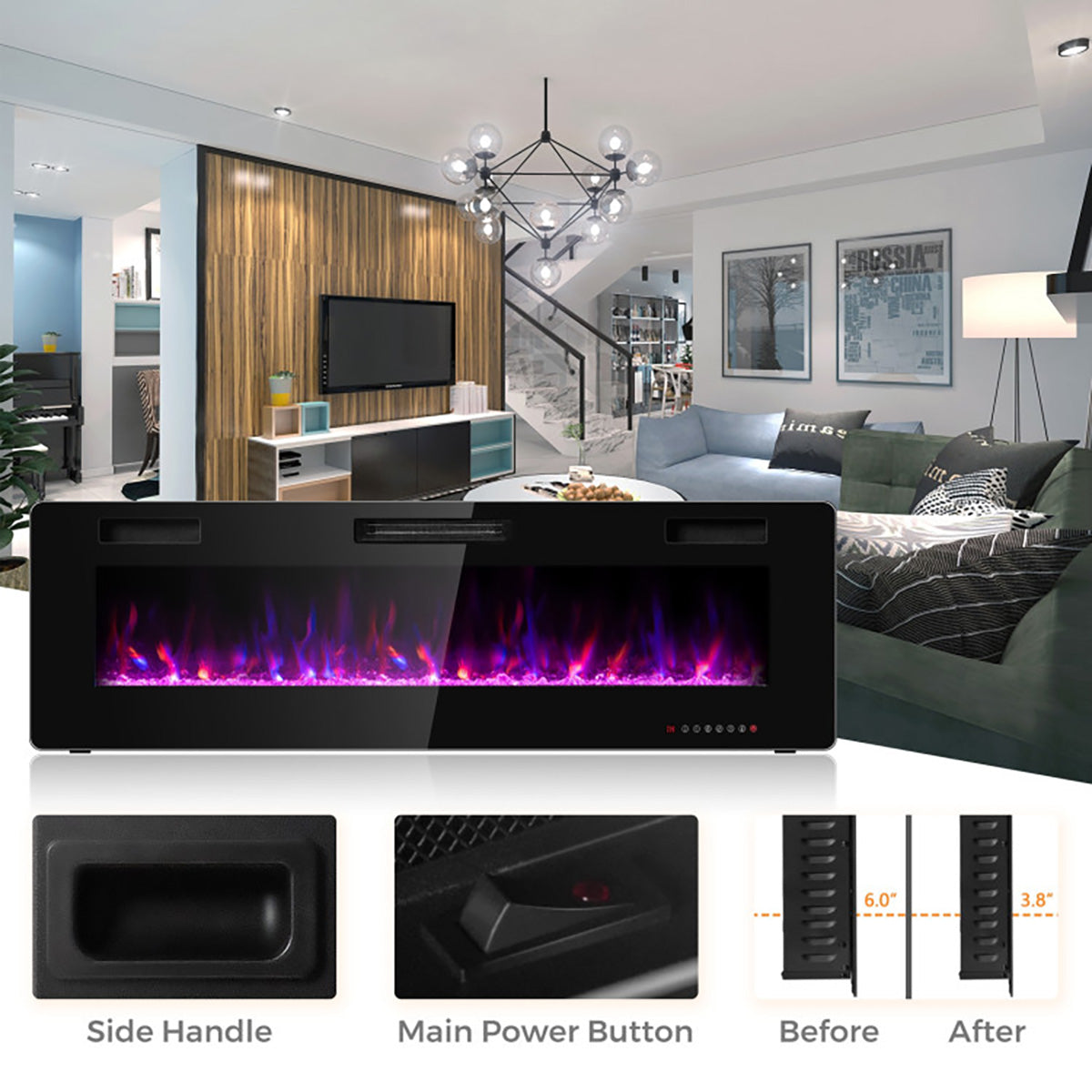 60'' Ultra-Thin Recessed/Wall-Mounted Electric Fireplace