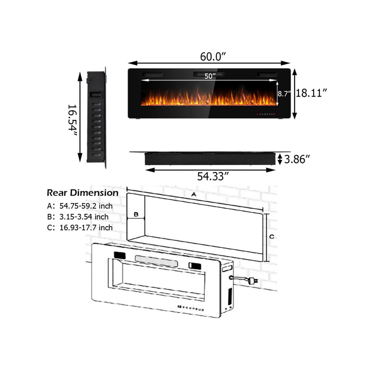 60'' Ultra-Thin Recessed/Wall-Mounted Electric Fireplace