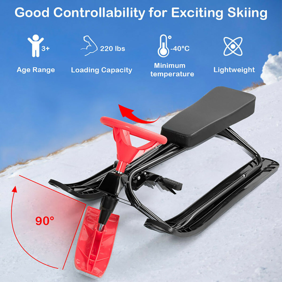 Kids Snow Sand Grass Sled with Steering Wheel and Brakes