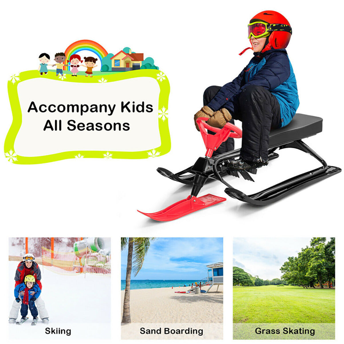 Kids Snow Sand Grass Sled with Steering Wheel and Brakes