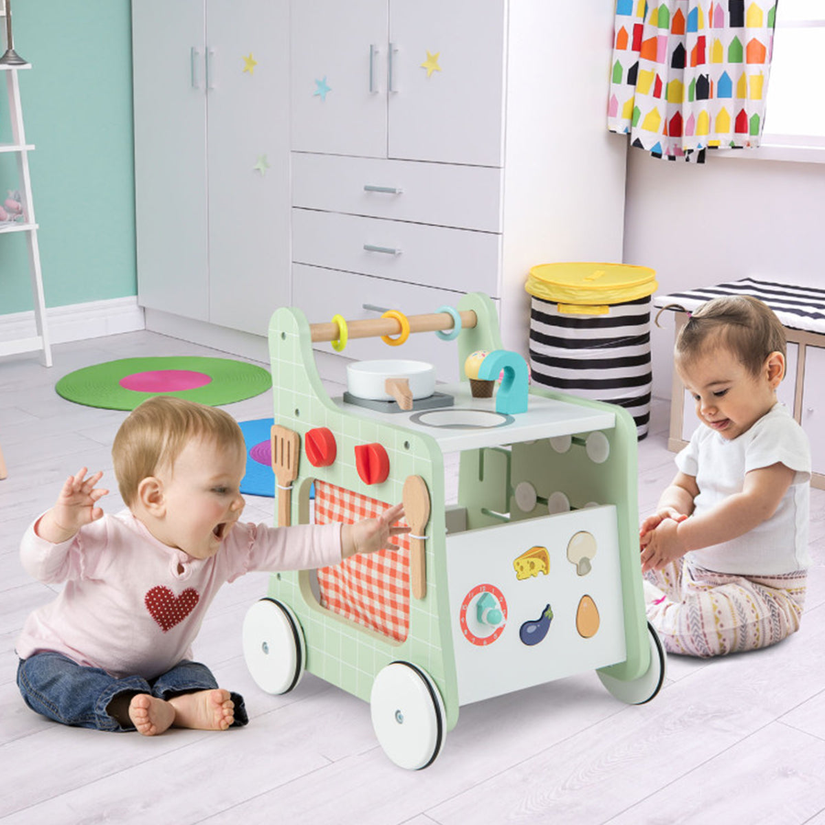 6-in-1 Wooden Push Walker Play Kitchen