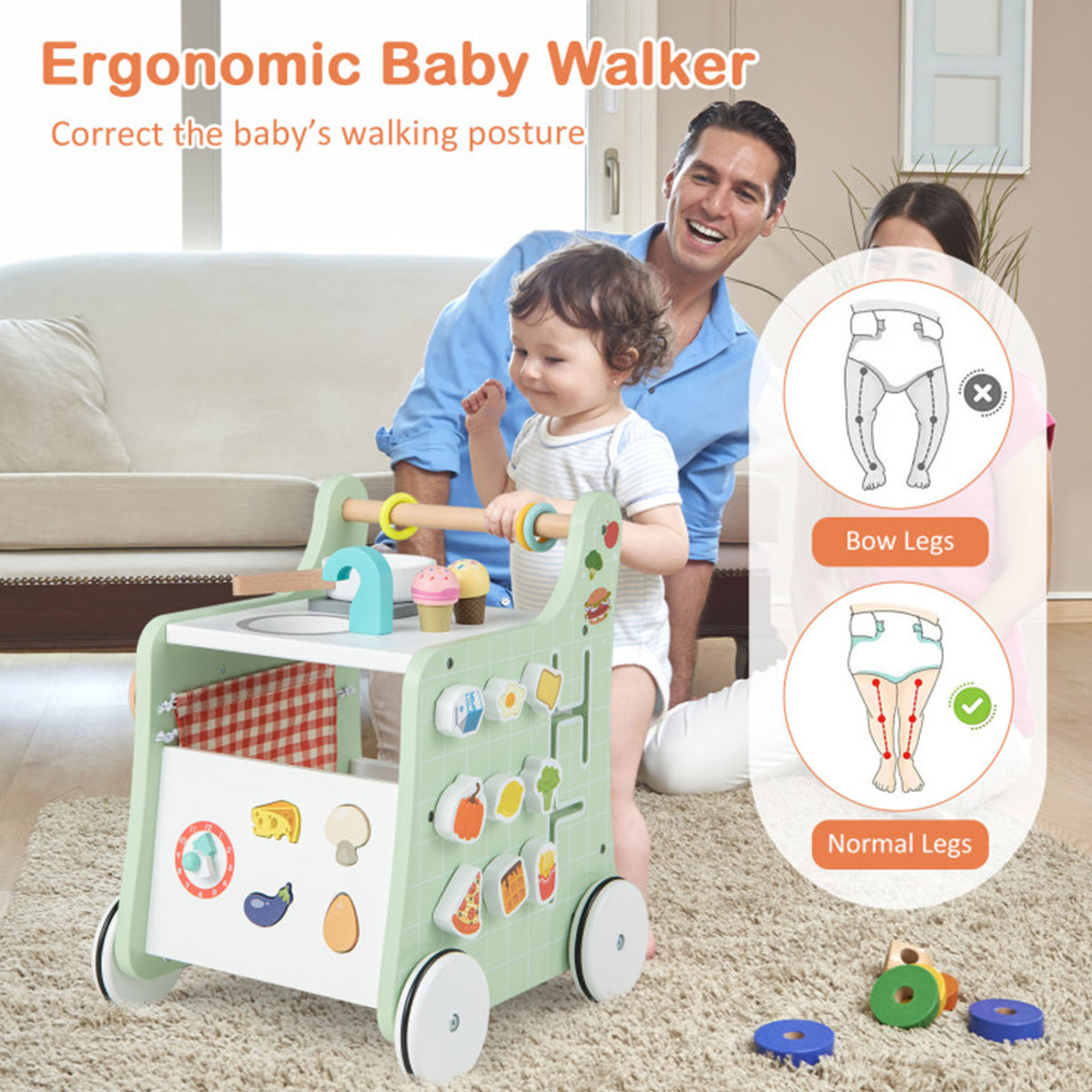 6-in-1 Wooden Push Walker Play Kitchen