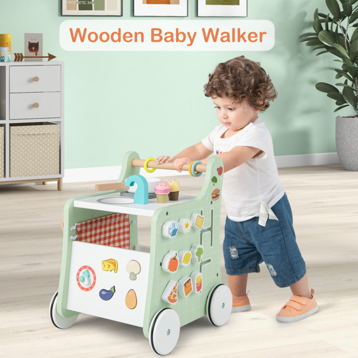 6-in-1 Wooden Push Walker Play Kitchen