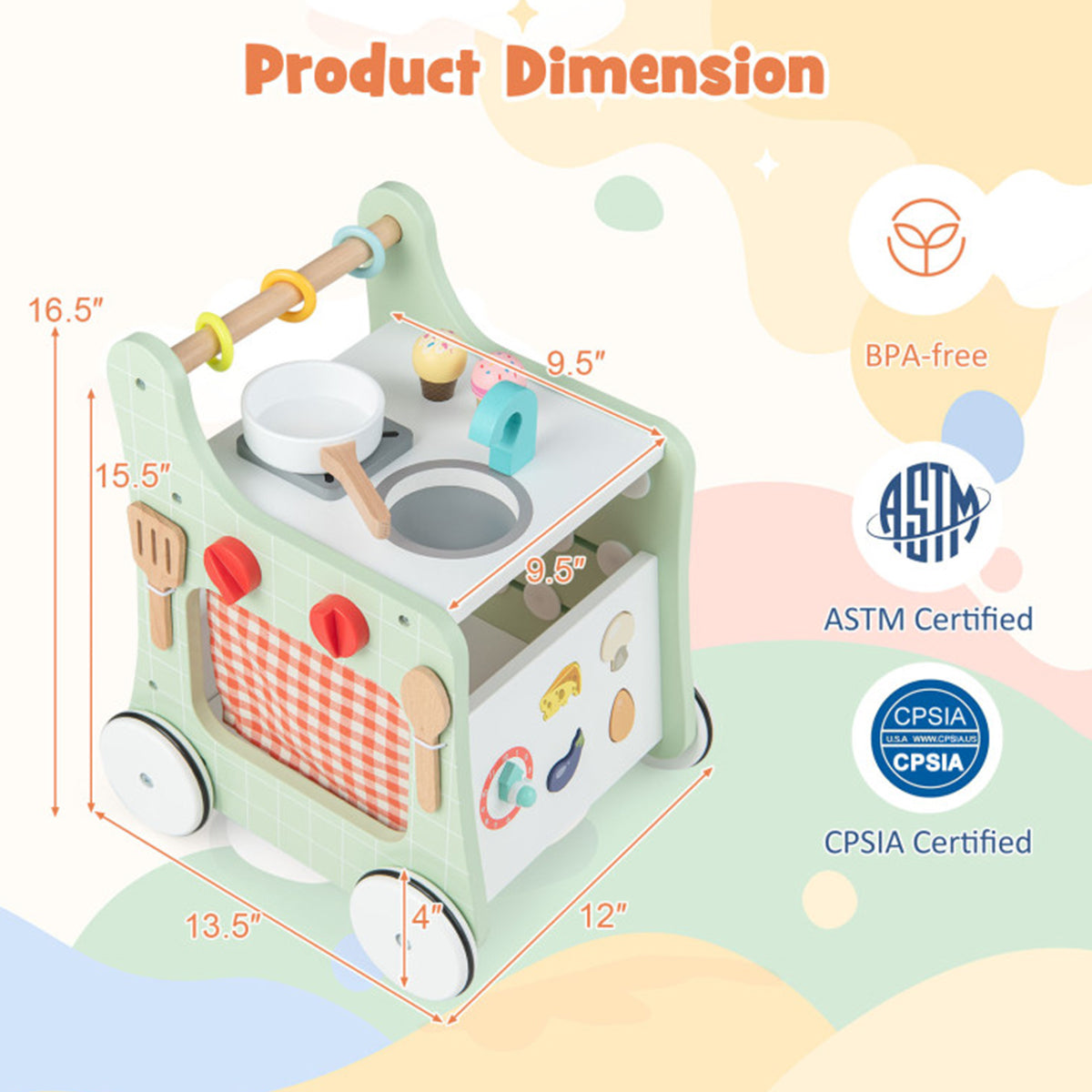 6-in-1 Wooden Push Walker Play Kitchen