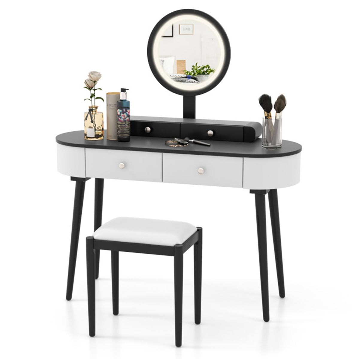 Makeup Vanity Table Set with Stool and LED Mirror