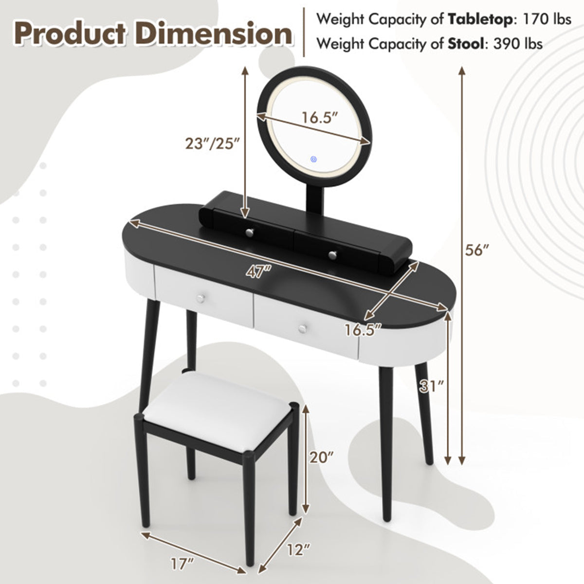 Makeup Vanity Table Set with Stool and LED Mirror
