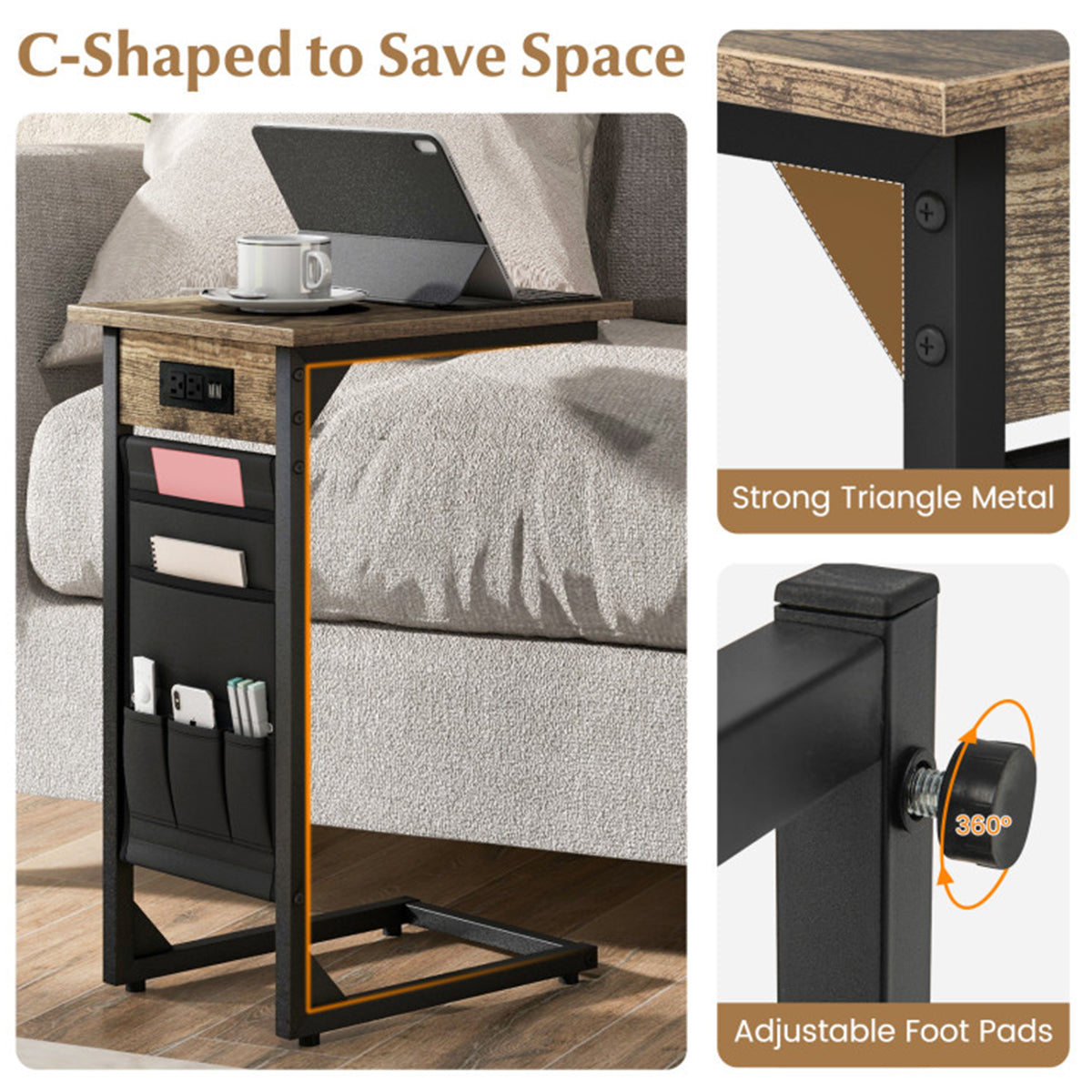 C-Shaped End Tables with Charging Station (Set of 2)