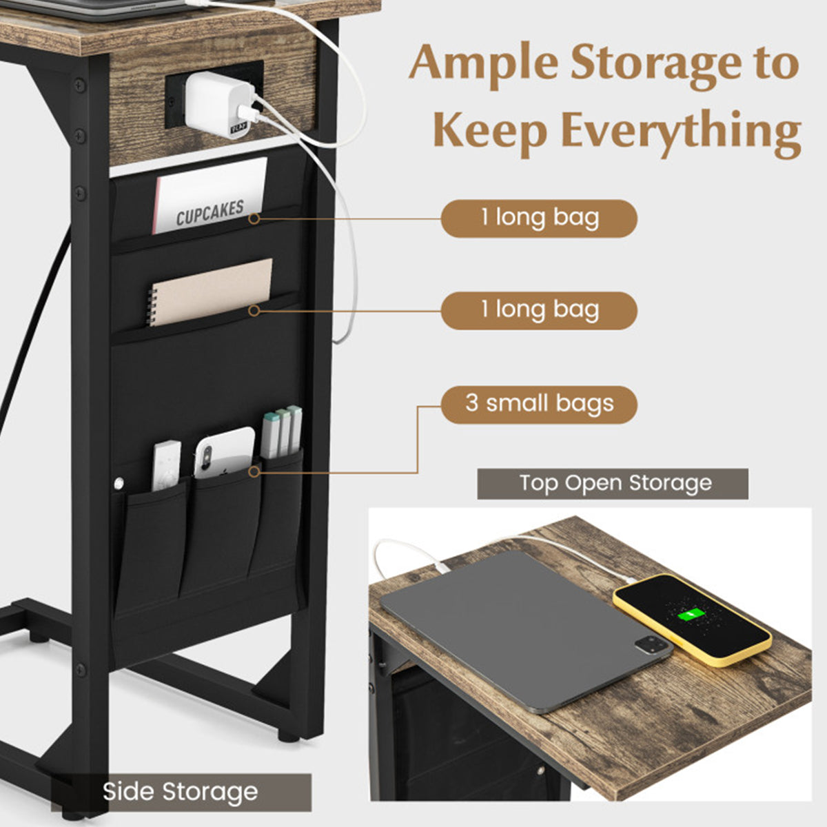 C-Shaped End Tables with Charging Station (Set of 2)