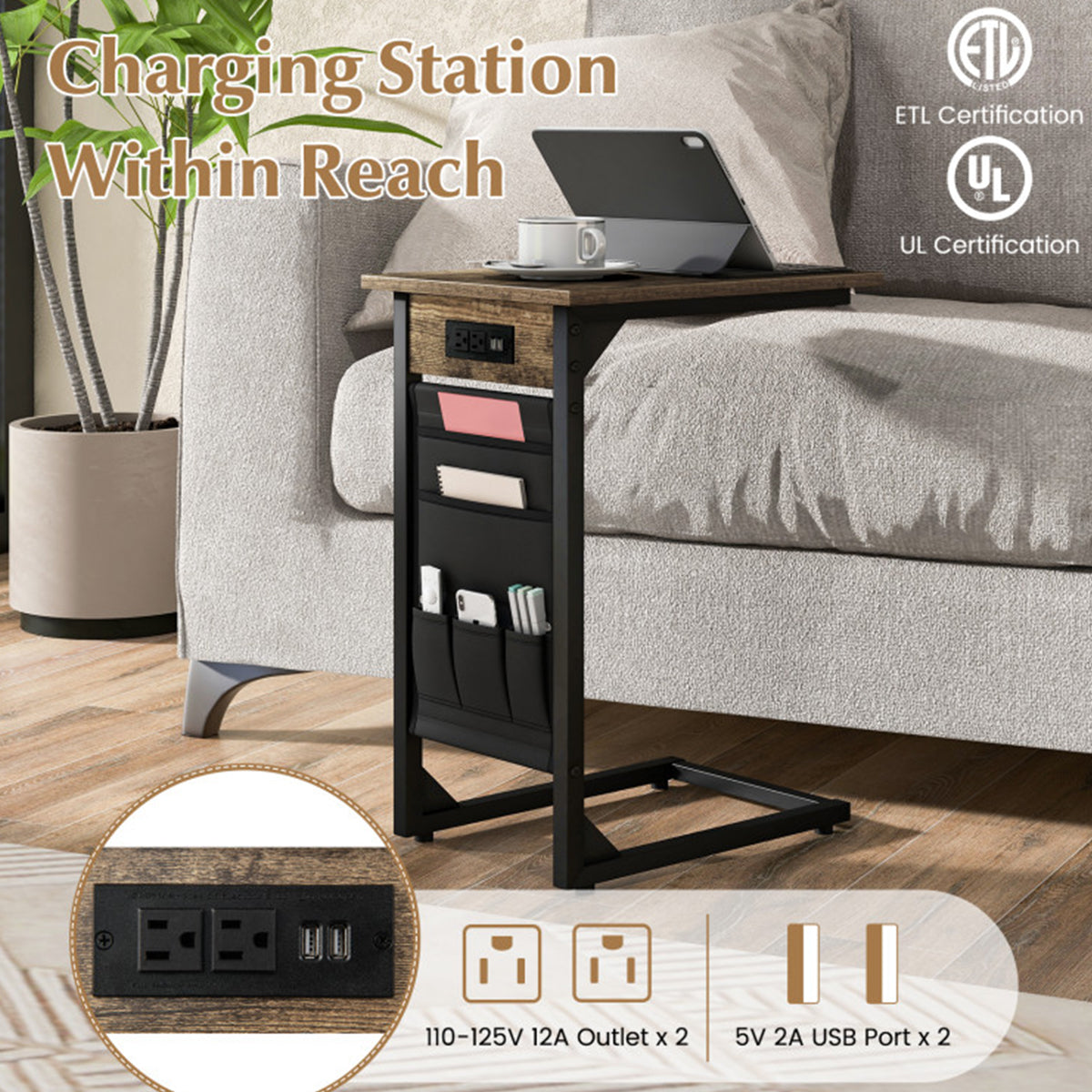 C-Shaped End Tables with Charging Station (Set of 2)