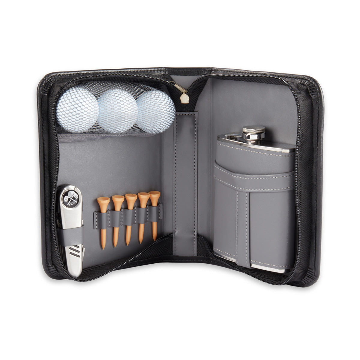 9 Pc. Black Leather Travel Golf Set with Flask