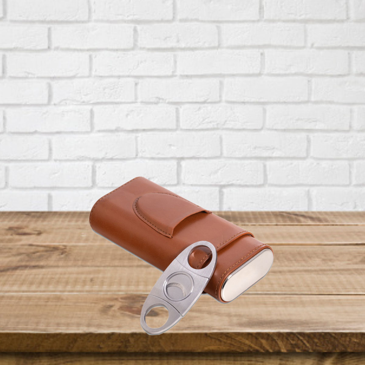 Leather Three Cigar Holder with Stainless Steel Cutter