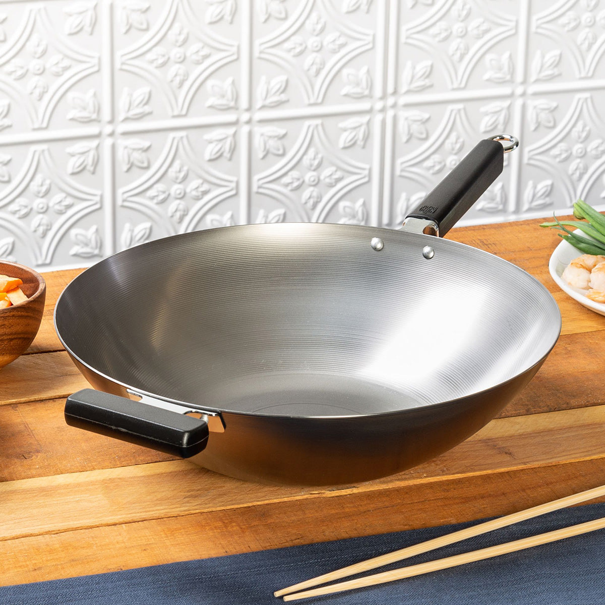 Professional 14-inch Carbon Steel Flat Bottom Wok