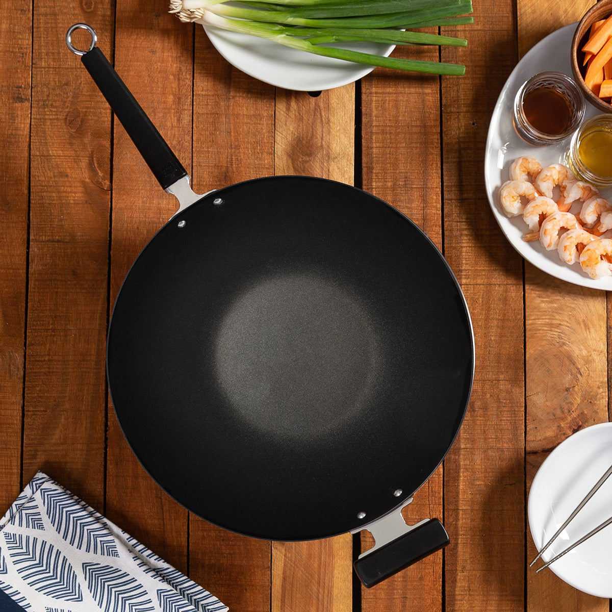 Professional 14-inch Carbon Steel Flat Bottom Wok