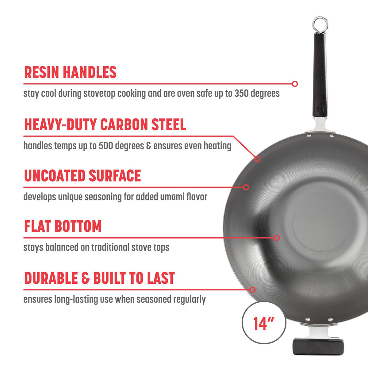 Professional 14-inch Carbon Steel Flat Bottom Wok