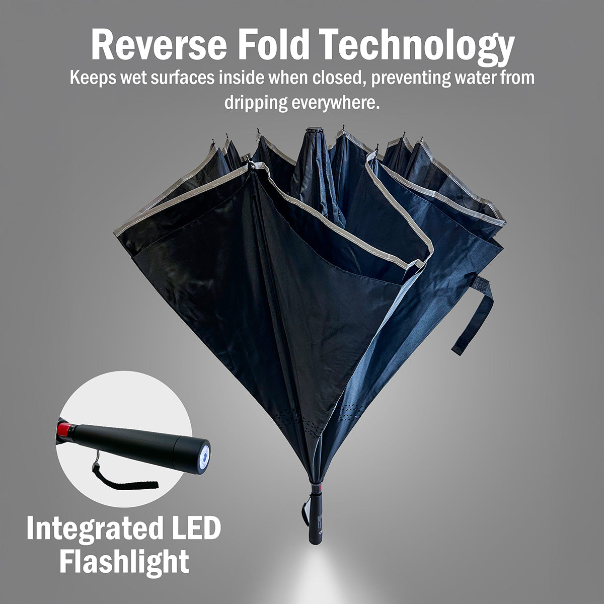 Reverse Folding Windproof Umbrella with Flashlight