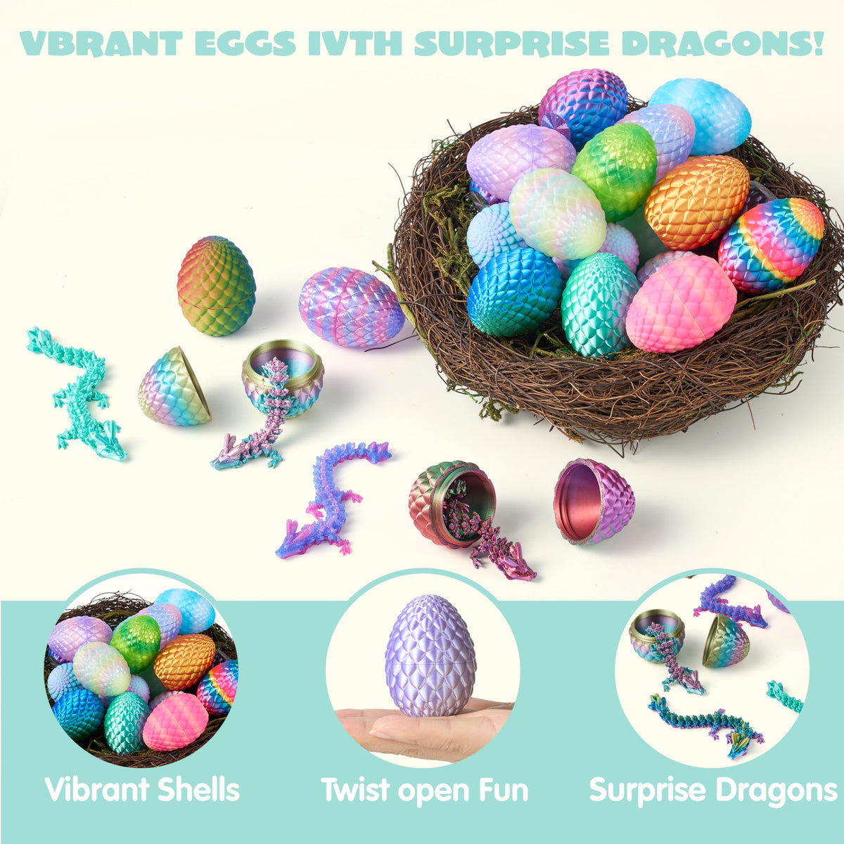 24 Pcs 3D Printed Dragon Eggs Articulated Toys for Easter Party, Egg Hunt & Classroom Prizes